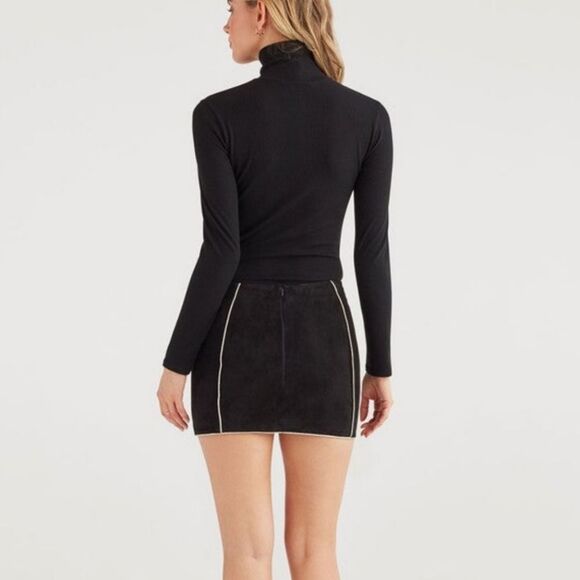 7 For All Mankind Suede Mini Skirt with Gold Piping in Jet Black size s NWT - Picture 8 of 9